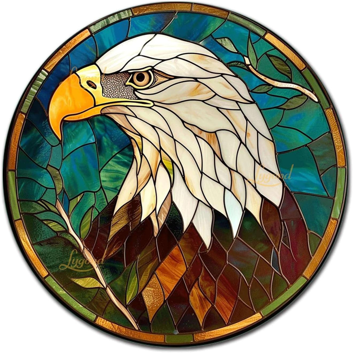 Lygond Metal Sign Tin Sign Circular Stained Glass Bald Eagle Kitty Decor for Club 12×12 Inches
