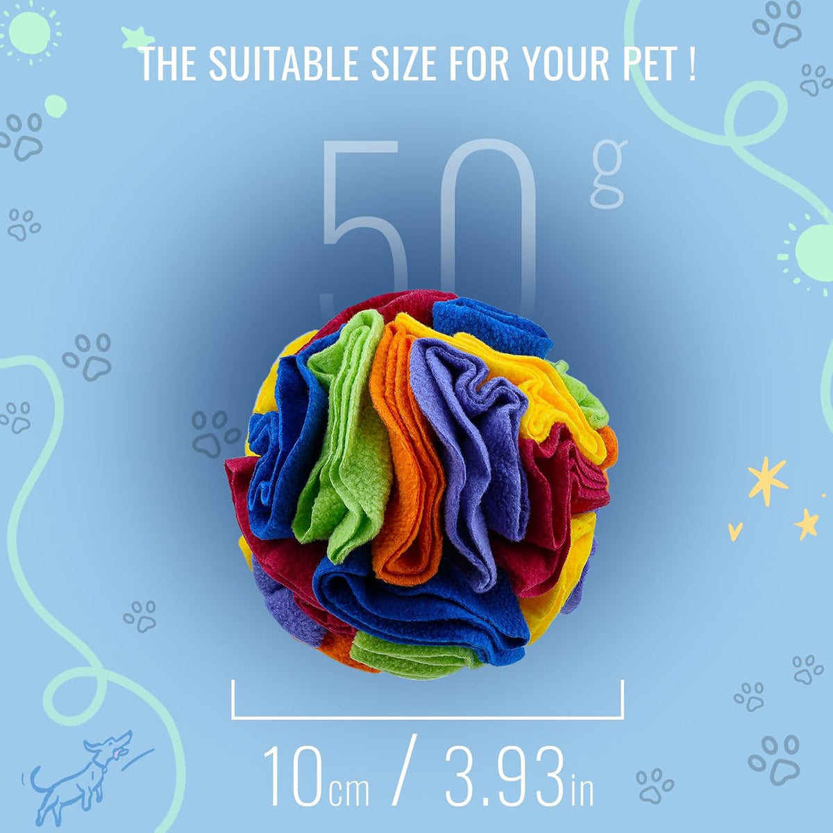 Pet Snuffle Ball, Puzzle Sniffing Interactive Dog Ball for Blind Dogs Training Stress Relief Dog Enrichment Toys Treat Machine Washable (Rainbow Color, 10cm)
