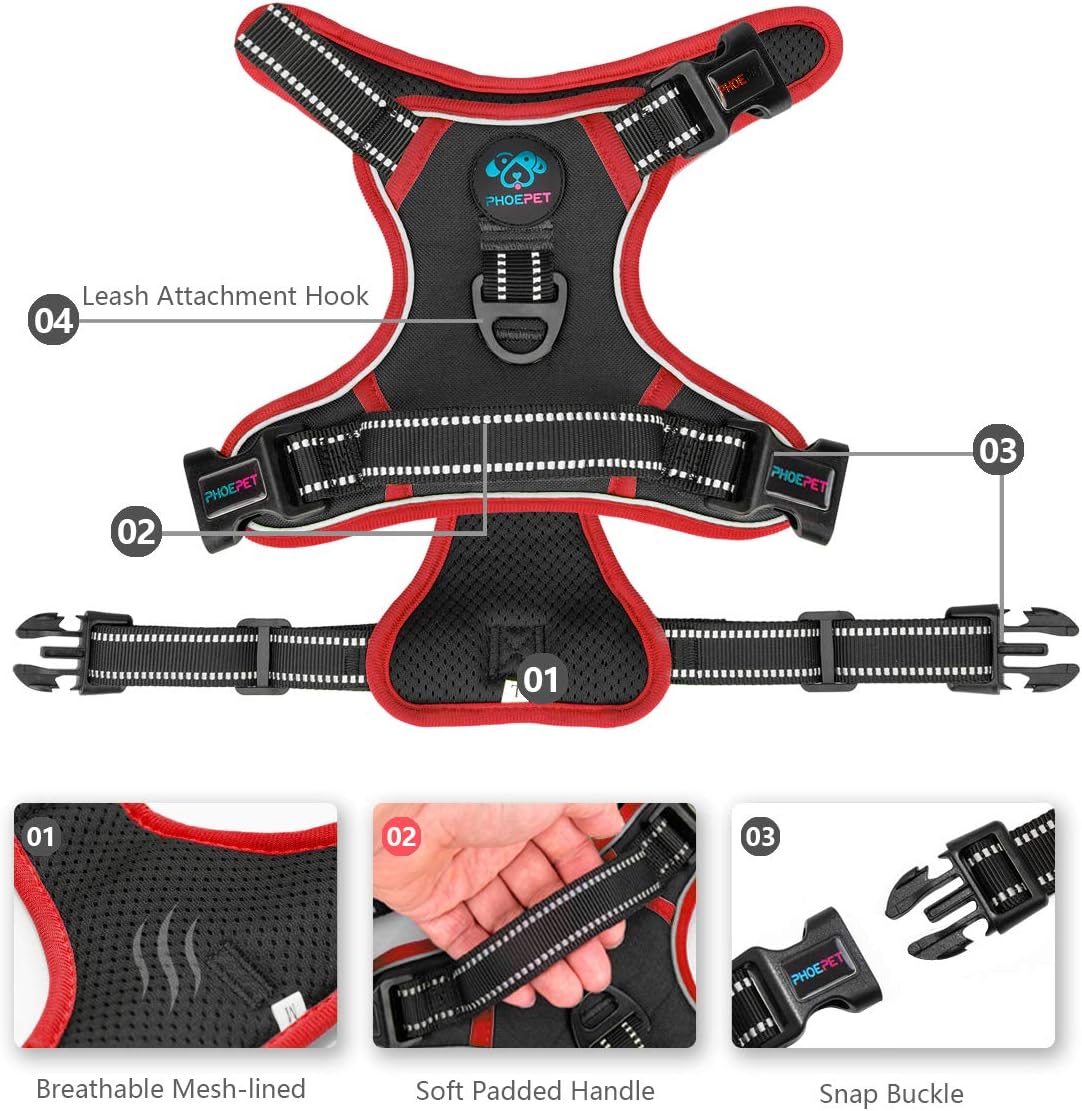PHOEPET 2019 Upgraded No Pull Dog Harness, Reflective Adjustable Vest, with a Training Handle + 2 Metal Leash Hooks+ 3 Snap Buckles +4 Slide Buckles(L, Black)