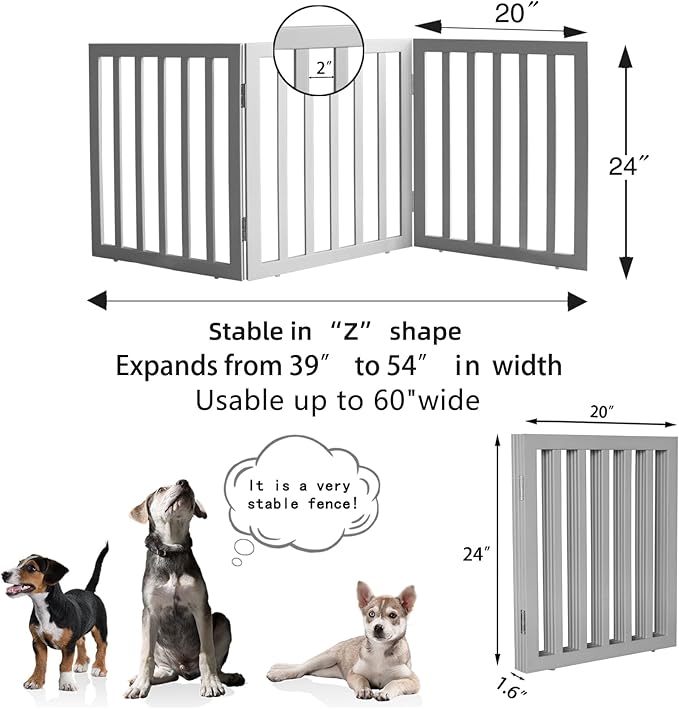 ZJSF Freestanding Indoor Dog Gate for House Foldable Wood Grey Puppy Gate for Doorways Pet Gate for Stairs Extra Wide Pet Fence 24" Height 3 Panels
