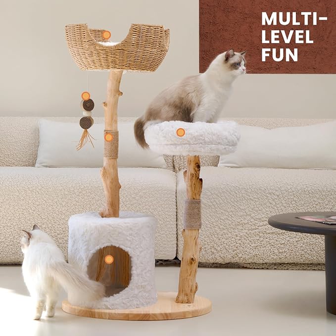 Cat Tree Tower with Two Real Branches, 44 INCH Wood Modern Cat Tower with Luxury Cat Condo, Cat Scratching Post, Jumping Platforms, Cat Furniture (Short Plush)