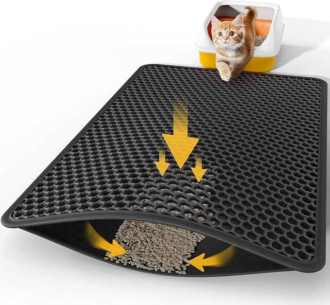 35" x 30" Cat Litter Mat - Ultra-Large Litter Box Mat with Double Layers, Urine-Proof and Non-Slip Litter Trapping Mat, Easy to Clean Kitty Litter Mats for Floor, Scatter Control, Black