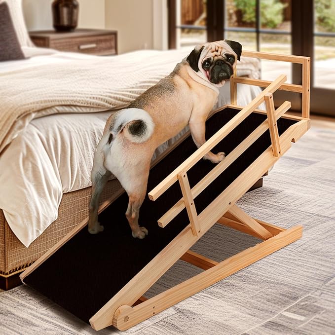 Dog Ramp for Bed, Adjustable Pet Ramps for Dog to Get on Bed, Non-Slip Rubber Surface - Folding Wooden Dog Ramp for Small/Large/Old Dogs, Adjustable up to 31 inch High Beds, Safety Railings