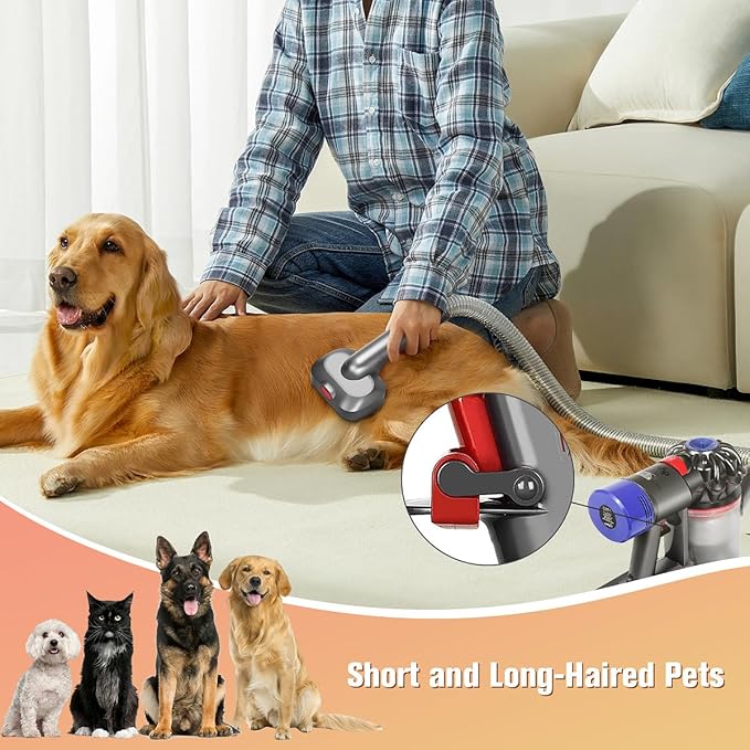 FUNTECK 2-in-1 Dog Hair Vacuum Brush for Grooming & Shedding Compatible with Dyson Gen5, V15, V12, V11, V10, V8, V7 – Removes Loose Hair, Dander, Undercoat & Tangles – Self-Cleaning Design