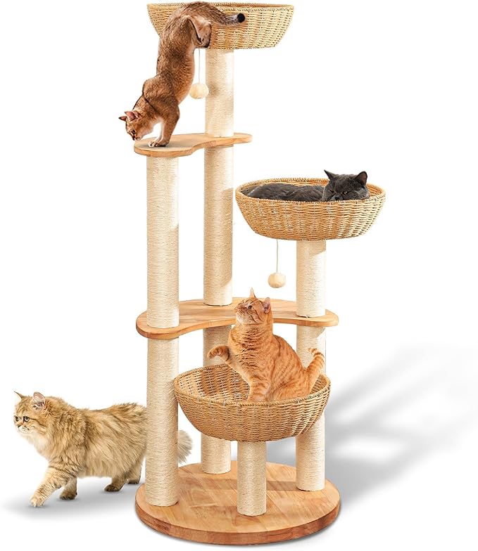 54" Modern Cat Tree Tower for Indoor Cats, Oak Cat Scratching Tree for Multiple Large Cats, Manual Hand Woven Luxury Cat Condo, Unique High-end Design Cat Furniture Activity Centre, Easy Clean