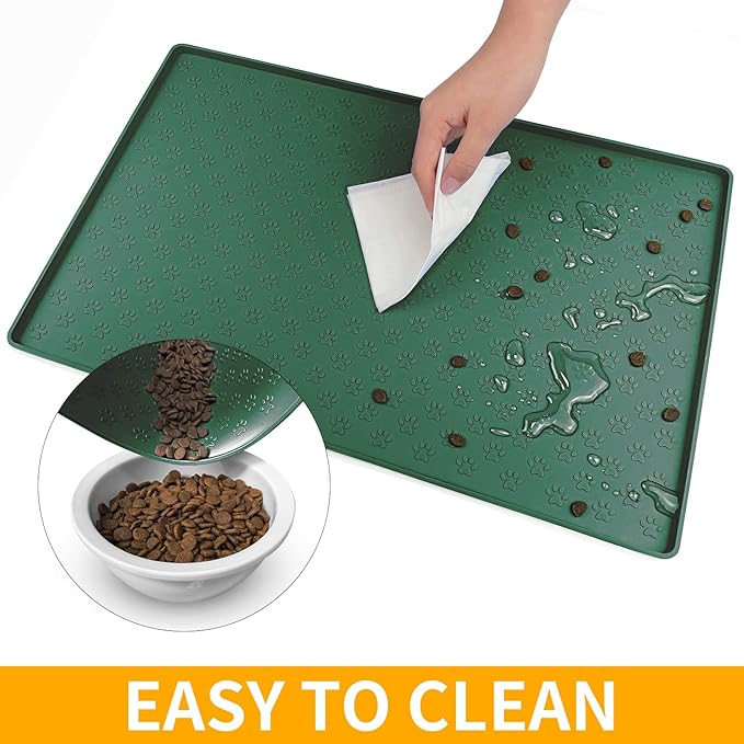 Ptlom Pet Placemat for Dog and Cat, Waterproof Silicone Pet Feeding Bowl Mats for Food and Water, Small Medium Large Dogs Mat Prevent Residues from Spilling to Floor, Hunter Green, 31.5" 23.6"