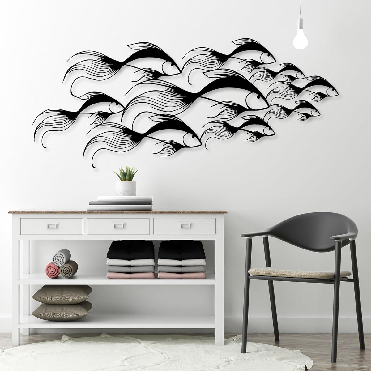 School of Fish Metal Wall Art, Metal Fish Wall Decor, Sea Life Wall Art, Large Nautical Wall Hanging, Modern Beach House Wall Decor, Ocean Themed Artwork for Bathroom (Gold, 53"x22" | 135x57cm)