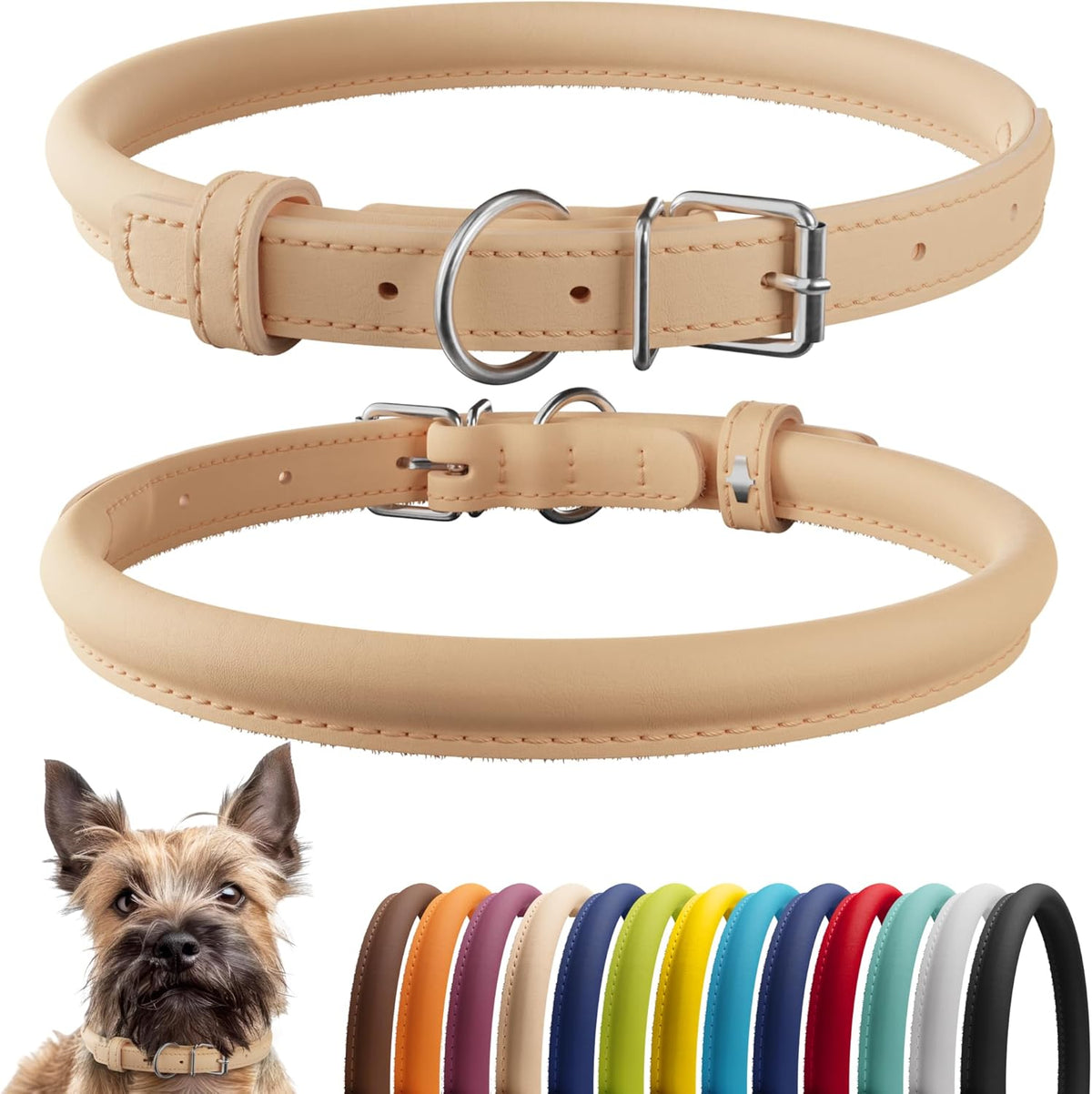 CollarDirect Rolled Leather Dog Collar, Soft Padded Round Puppy Collar, Handmade Genuine Leather Collar Dog Small Large Cat Collars 13 Colors (6-7 Inch, Beige Smooth)