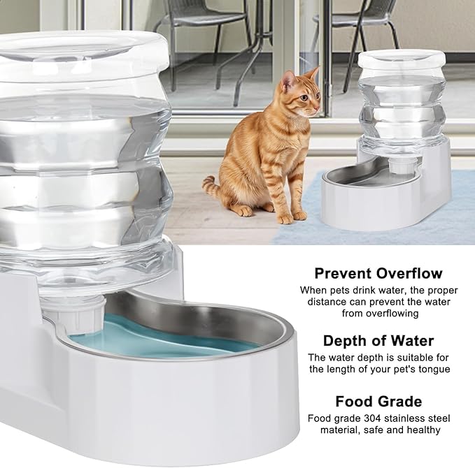 RIZZARI Gravity Water Bowl Dispenser for Cats: 4L White Automatic Stainless Steel Dog Feeder Without Filter - for 8-20LB Elderly Pets with Joint Spine Pain - for Kitchen Bedroom