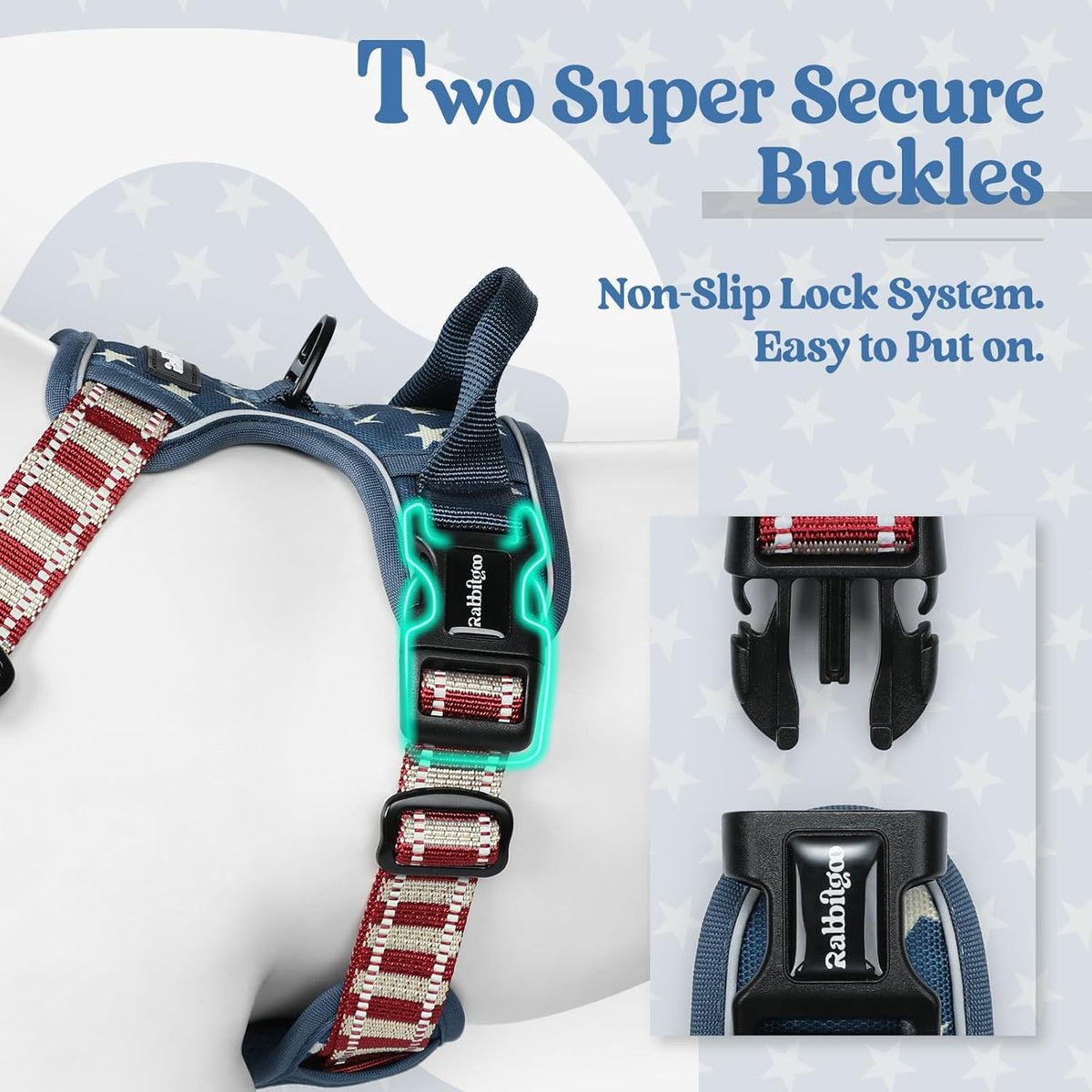 rabbitgoo Dog Harness No Pull with 2 Leash Clips, Adjustable Soft Padded, Reflective Oxford No Choke Pet Vest with Easy Control Handle for Large Dogs, Blue Star, L