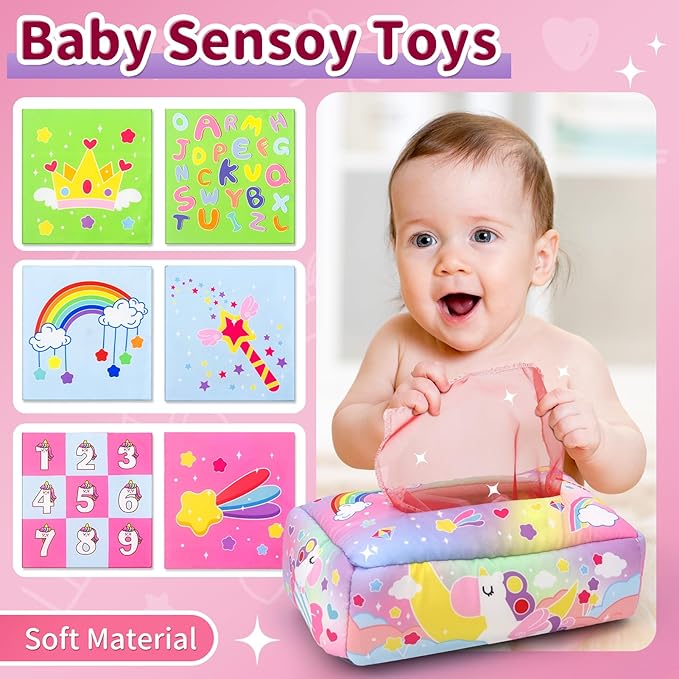 3 in1 Baby Toys 12 to 18 Months - Busy Board Sensory Toys, Tissue Box Toy, Pull String Teether, Learning Toy for Babies, Infant Gifts for 12 18 Months Old