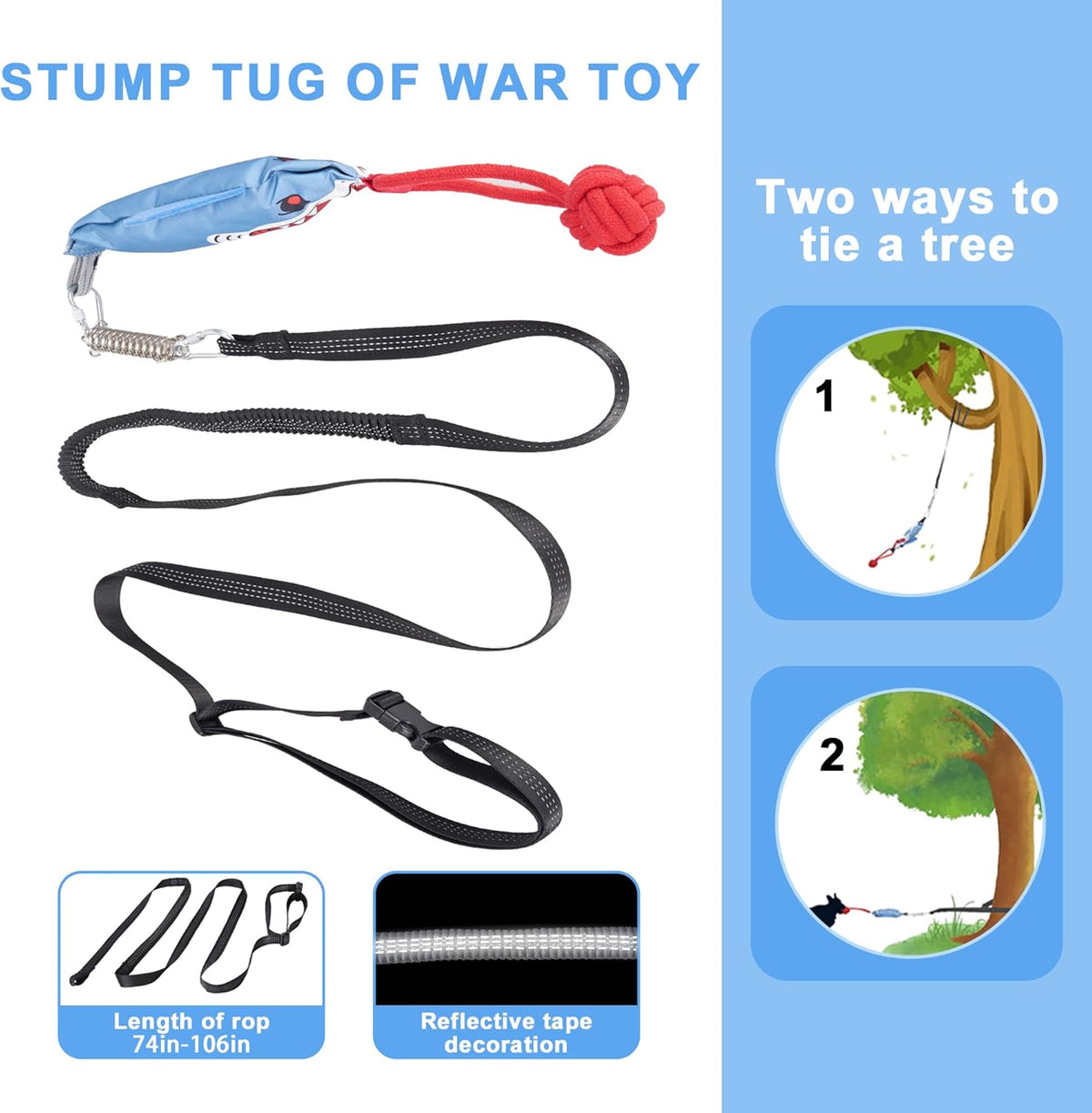 Dog Tree Tug of War Toy with Handles,Tethered Tug of War Outdoor Toy with Squeaky Self Play for Aggressive Chewers, Durable Bungee Cord with Chew Ball