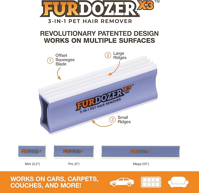 FurDozer X3 PRO Pet Hair Remover & Auto Detailing Tool - Cat & Dog Hair Remover for Carpet, Cars, Couch, Bedding, & Furniture - Reusable Pet Hair Removal Tool for Fur & Lint, 5" (Purple, 2-Pack)