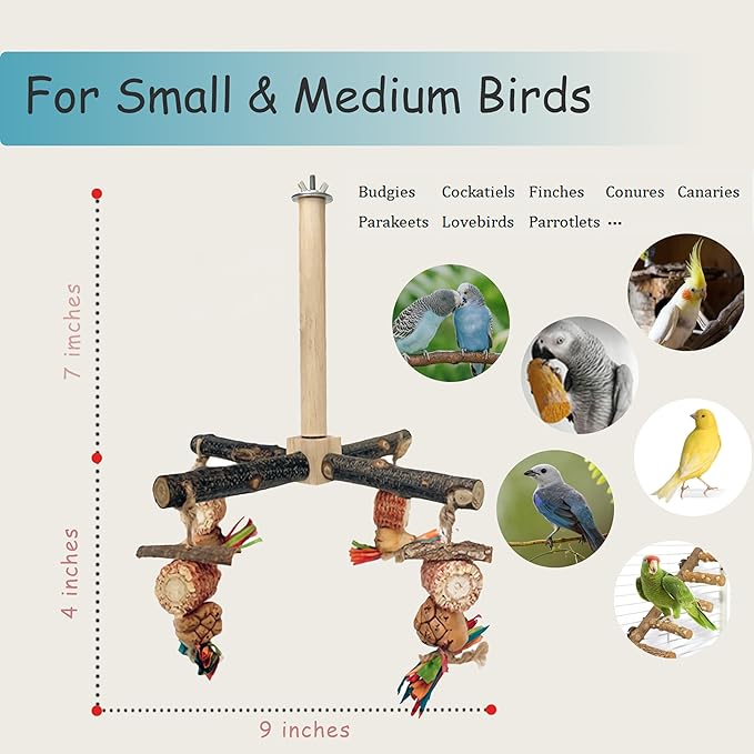 Bird Perch 360° Rotating with Natural Chew Toys - ROOJUNE Bird Toys Cage Accessories- Parrot Wooden Stand for Small and Medium Birds (Parakeets, Budgies, Cockatiels, Conures, Finches)