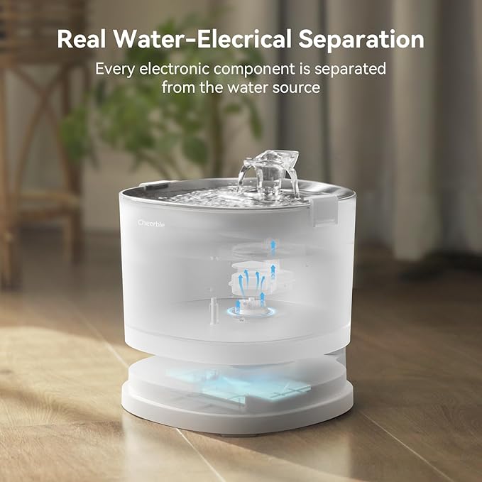 Cheerble Pumpless Pet Fountain Elfin E1+ with 9 Extra Filters, Wireless Pet Fountain Battery Operated, 2L/67oz E1+ Automatic Water Dispenser Cats & Dogs MagDrive™ Technology No Cleaning Hassle