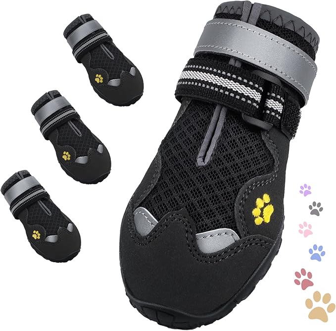 Dog Shoes, FISHOAKY Dog Shoes for Large Dogs, Mesh Breathable Dog Boots & Paw Protectors for Summer Hot Pavement Winter Snowy, 360°Anti Slip 4Pcs Dog Booties with Reflective Black (Size 8)