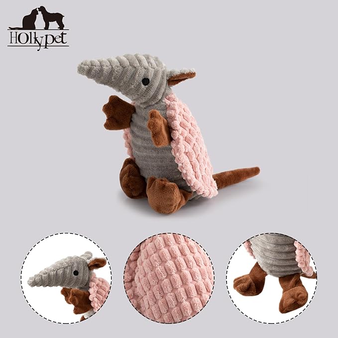 Hollypet Plush Dog Squeaky Toy Stuffed Armadillo Animal Pet Puppy Chew Toys with Clean Teeth for Small Medium Large All Breed Sizes Dogs, Light Pink, 8 in