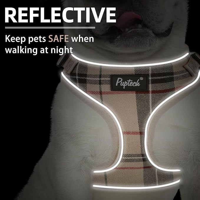 PUPTECK Soft Mesh Dog Harness and Leash Set Pet Puppy Cat Adjustable Reflective Padded Vest No Pull Harnesses, Beige, M