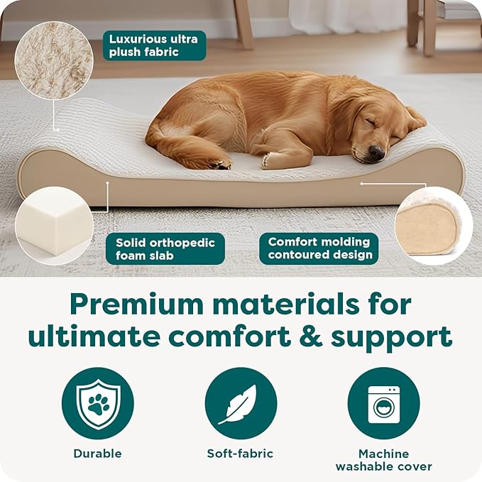 FurHaven Orthopedic Dog Bed for Large Dogs, Luxe Lounger Contour Mattress with Solid Orthopedic Foam Slab for Joint Support, Removable Washable Cover, Jumbo XL, Plush Suede, Cream