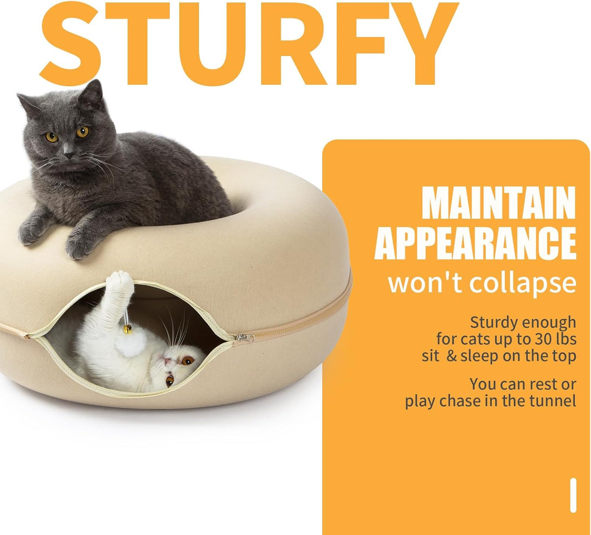 Jia Xi Cat Bed and Hideout, Large Indoor Cat Condo with Tunnel and Cave (24 inch, Beige)