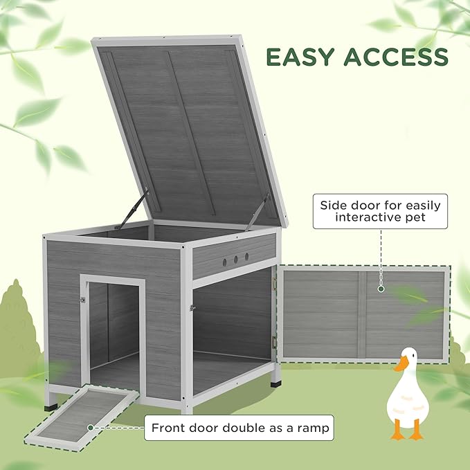 PawHut Duck Coop, Wooden Chicken House Rabbit Hutch with Openable Roof, Removable Floor, Double Doors, Ramp, Duck House for 2-4 Chickens, Geese, 25" x 32" x 30"