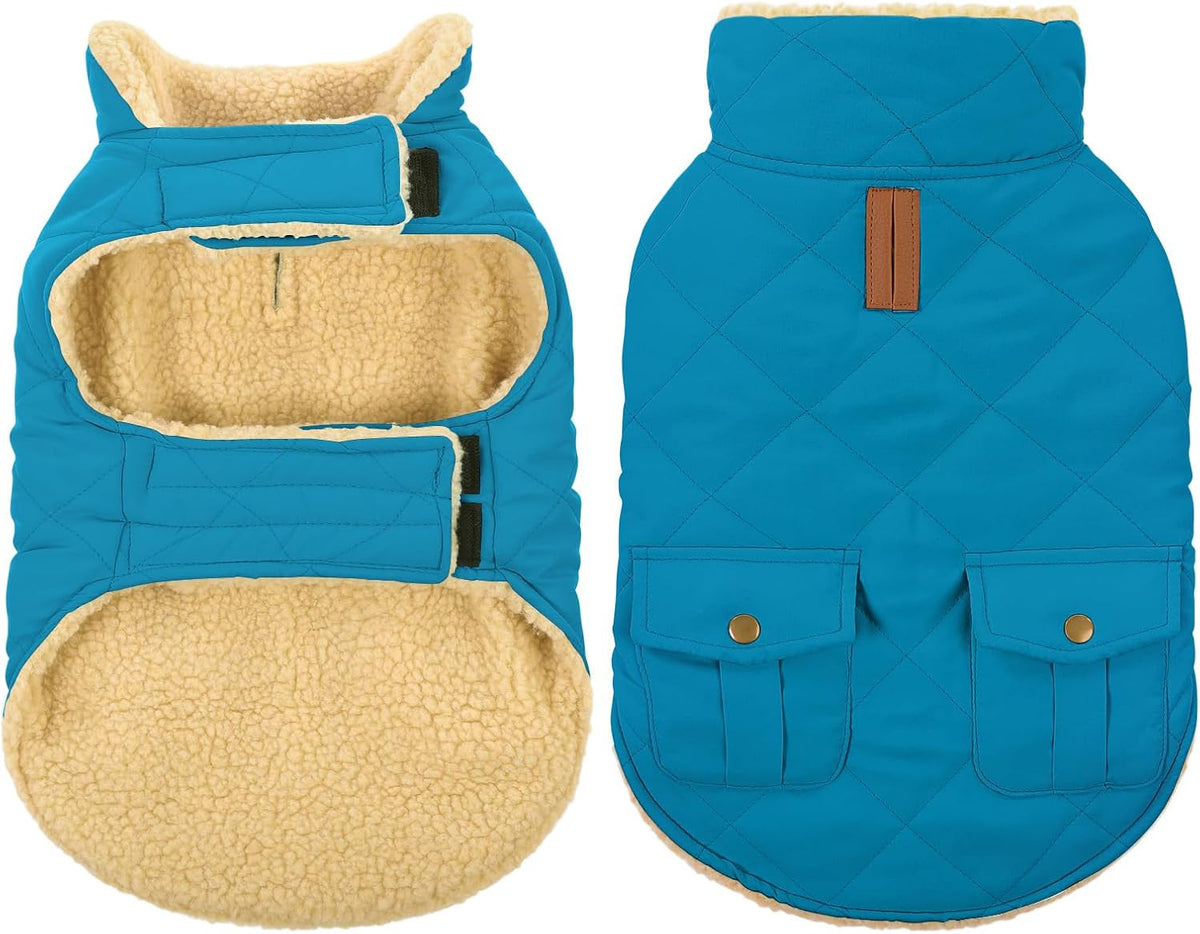 Queenmore Dog Winter Coat Warm Puffer Jacket Waterproof Plush Lining Thermal Cold Weather Vest for Small Medium Large Dogs, Windproof Easy On Pet Jacket Blue L