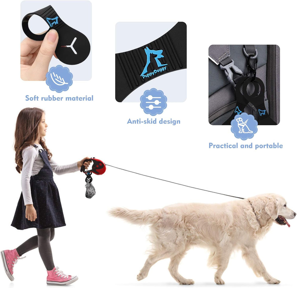 PuppyDoggy Dog Poop Bag Holder for Leash Waste Bag Carrier Dog Poop Bag Dispenser for Walking Running Bicycle Accessory 4 Pieces (Black + Blue)