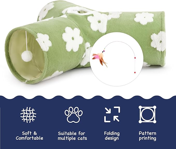 Tempcore Flannel Pet Cat Tunnel Tube Cat Toys 3 Way Collapsible, Cat Tunnels for Indoor Cats，Kitty Tunnel Bored Pet Toys Peek Hole Toy Ball Puppy, Kitty, Kitten, Rabbit Daisy Green