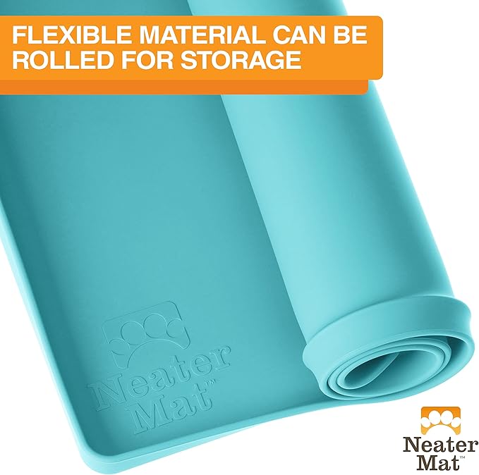 Neater Pet Brands Neater Mat Pet Mats for Food and Water, Cat & Dog Bowl Mat Waterproof Silicone, Feeding Tray, Dog Food Mats for Floors, Placemat w/Raised Edge for Under Bowls, 16” x 10”, Aquamarine