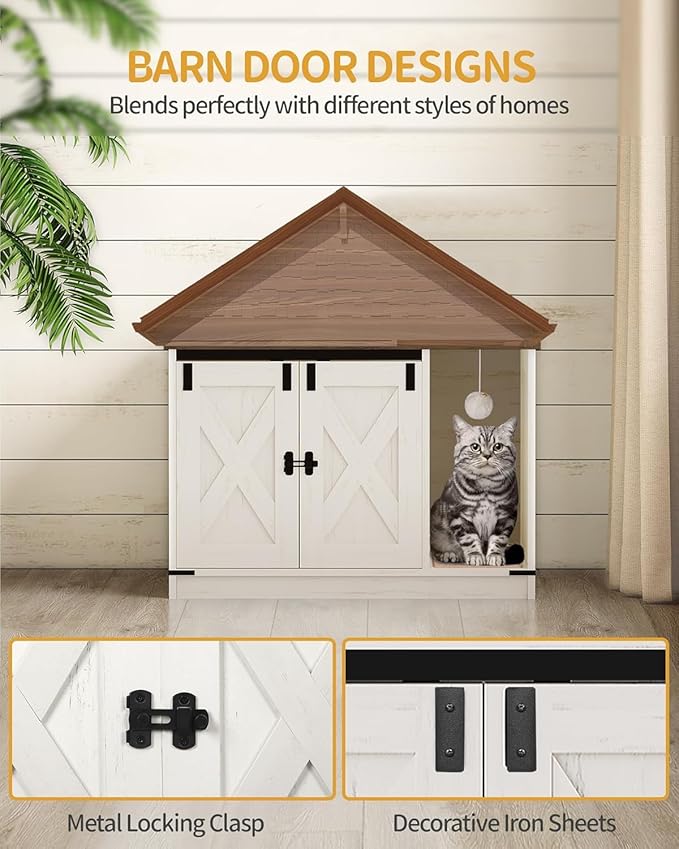 Cat Litter Box Enclosure, Hidden Litter Box Cabinet Furniture with Bell, Indoor Cats House, Farmhouse Style, 31.5 x 19.7 x 20.9Inches, for Hallway, Bedroom, Rustic Brown and White CB82414X