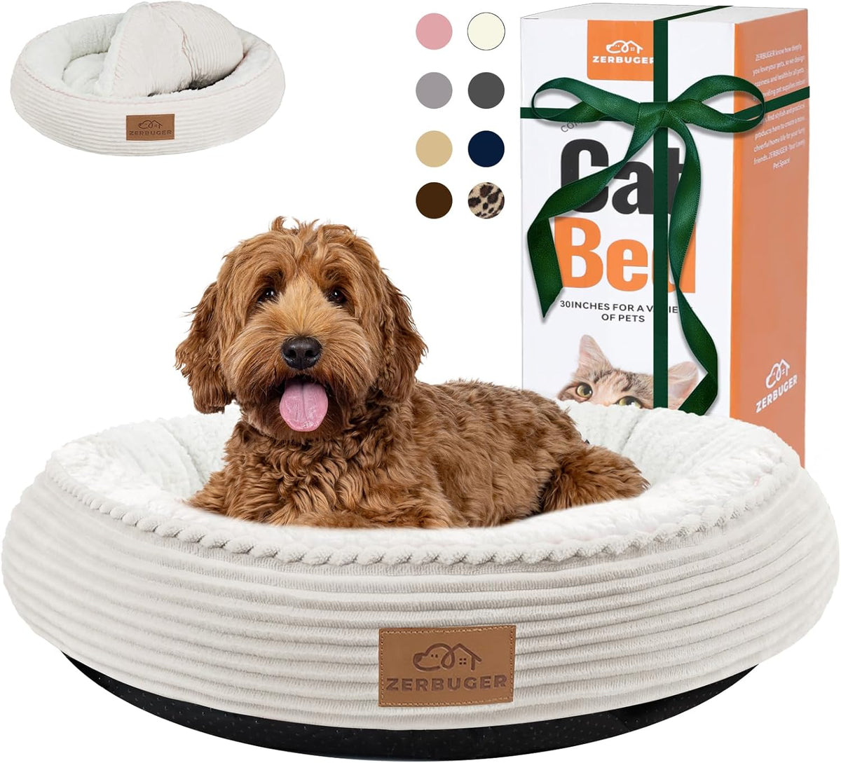 30in Round Dog Bed Sofa for Small/Medium/Large Dogs, Machine Washable Supportive Foam Pet Couch with Washable Removable Mat and Non-Slip Bottom, Pet Cuddler for Indoor/Outdoor/Car/Cage, Cream