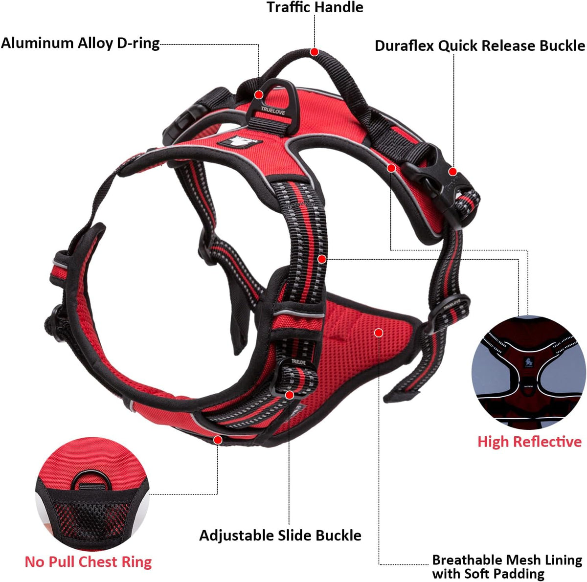 TRUE LOVE Adjustable No-Pull Dog Harness Reflective Pup Vest Harnesses Comfortable Control Brilliant Colors Truelove TLH5651(Gray,M)
