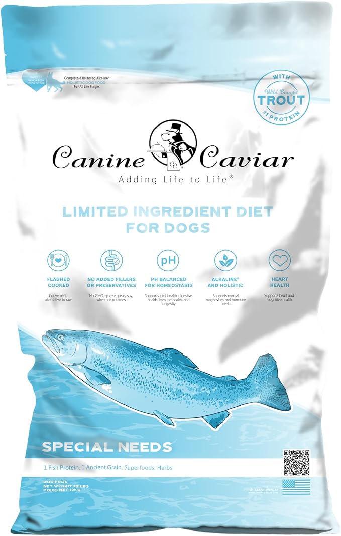 Canine Caviar - Special Needs: Trout & Whole Ground Oats, Alkaline Dry Dog Food, Limited Ingredients, Gluten-Free, Based on Science & Research, Veterinary Alternative Diet (22 Pound Bag)