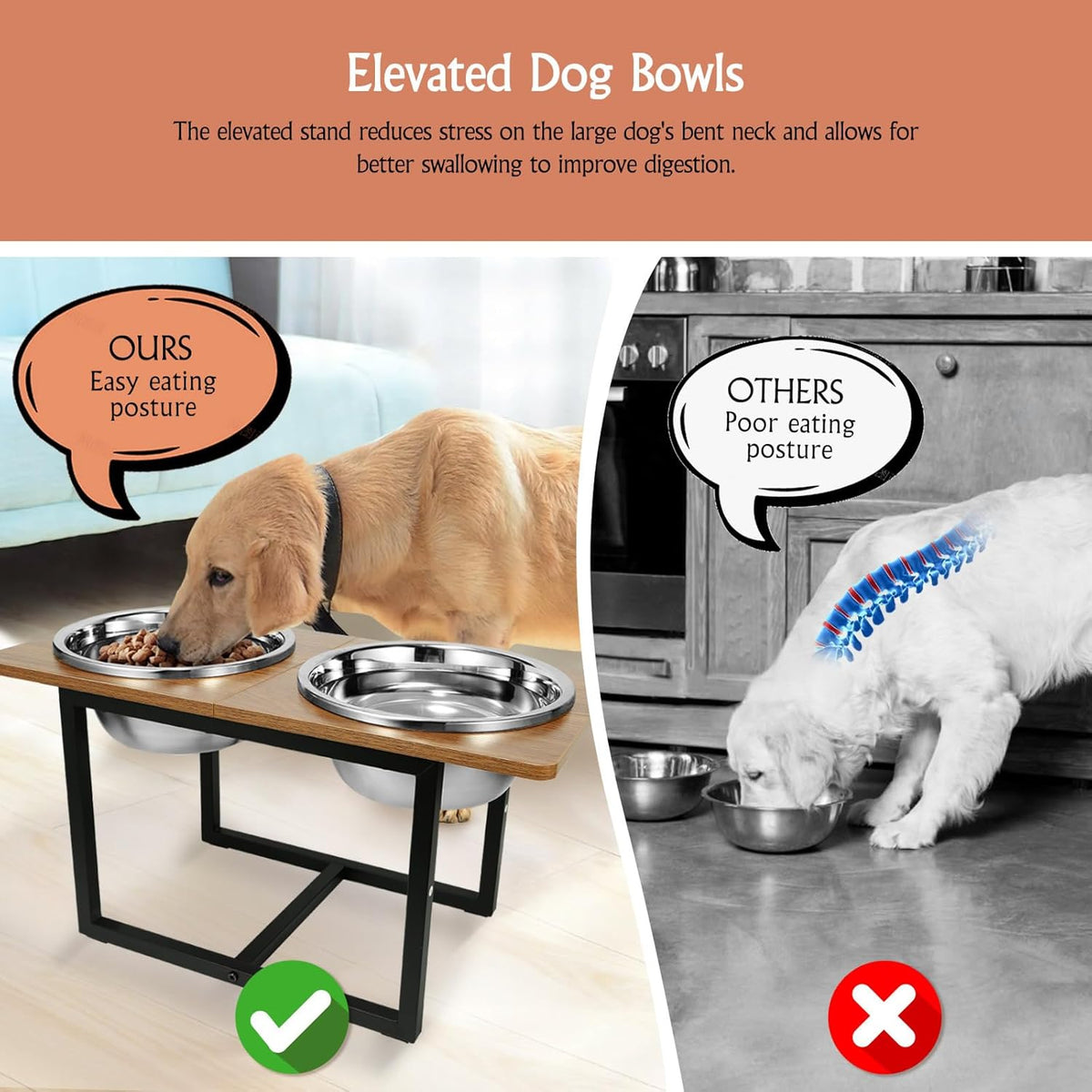 Elevated Dog Bowls for Large Dogs, Raised Dog Bowl Stand with Two X-Large Stainless Steel Bowls for Dogs, 3.5L Capacity, Rustic Walnut