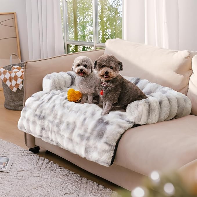 FUNNY FUZZY Pet Fluffy Fuzzy Couch Cover, Calming Washable Dog Bed Sofa Protector Pets Mat for Small Medium Dogs and Cats (Tie-dye Grey,33.45 × 28.35 × 5.51 in)