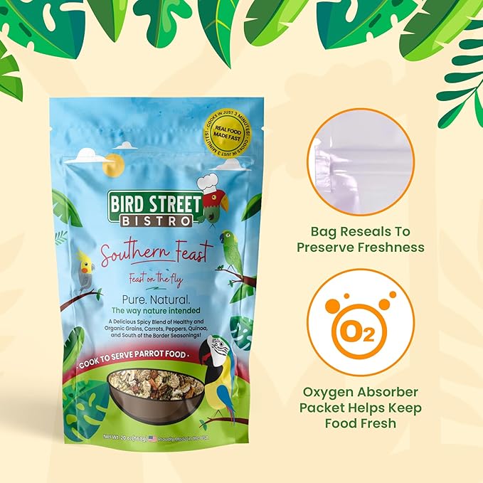 Bird Street Bistro Parrot Food for Parakeets & Cockatiels - Southern Feast - 20 oz - Cooks in 3-15 min, Natural & Organic Grains, Fruits & Vegetables - USA Made
