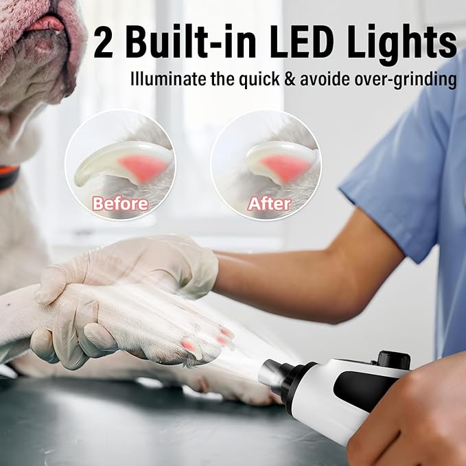 Casfuy Smart 6-Speed Dog Nail Grinder - 50% More Power Pet Nail Grinder with 2 LED Lights Quiet Rechargeable Electric Dog Nail Trimmers File Toenail Grinder for Large Medium Small Dogs & Cats (White)