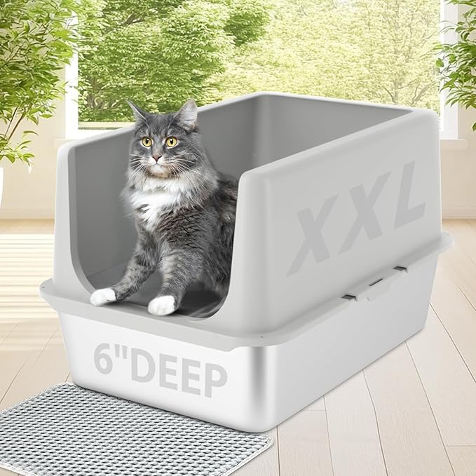 LIHONG Stainless Steel Cat Litter Box, XL Metal with Lid, Cat Litter Pan for Large Cats, Non-Sticky Large Kitty Litter Box, Anti-Leakage, 23.5" X 15.5" X 14" XXL
