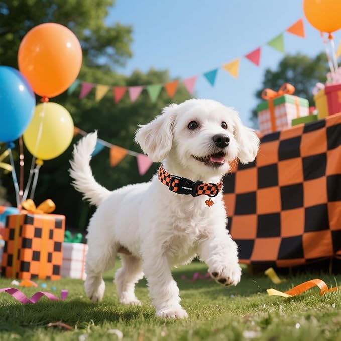 DOGWONG Fall Dog Collar, Orange Checkered Dog Collar Adjustable Soft Cute Pet Dog Collars Cute Plaid Puppy Necklace for Small Medium Large Dogs