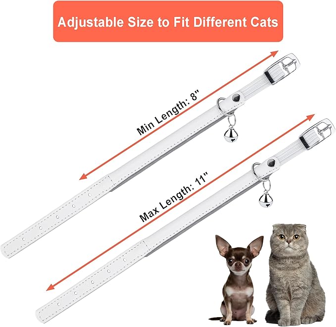 OOPSDOGGY Rolled Leather Cat Collar with Bell, Reflective Kitten Collars with Buckle Include Safety Elastic Strap - Adjustable Small Pet Collars for Boy Girl Cats (White)