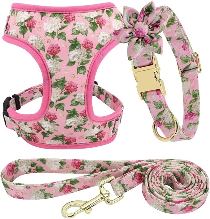 Beirui Cute Girl Dog Collars, Harnesses & Leashes Set - Adjustable Dog Collar and Leash Set with Flower - Soft Mesh Dog Vest Harness for Puppies Small Medium Dogs (Pink,M)