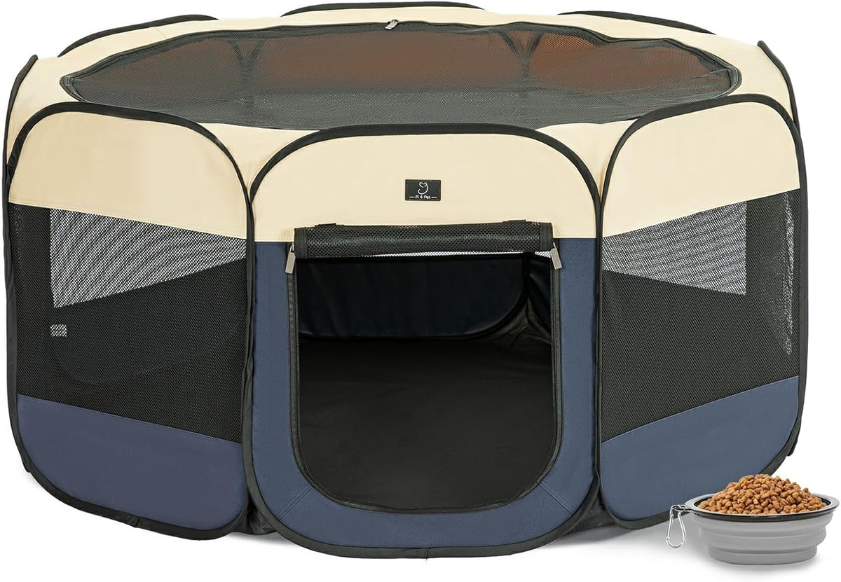 A 4 Pet Portable Dog Playpen, 49” Playpen for Dogs with Bowl, Suitable for Puppies, Kittens, and Small Animals, Removable Zipper & Mesh Panel(19”W × 12”H)
