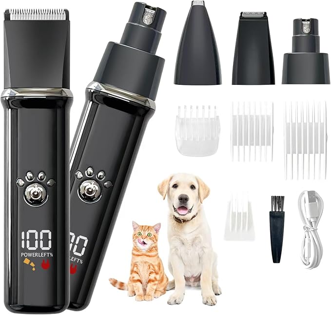 Dog Clippers Grooming Kit - Low Noise, Cordless Electric Trimmer with Nail Grinder for Dogs & Cats, 4 in 1 Rechargeable Clippers for Paws, Ears, Face and Matted Hair (Black)