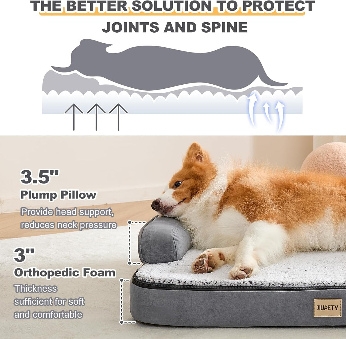 Jiupety Orthopedic Dog Bed for Large Dogs, Egg-Crate Foam Pet Couch Bed, Washable Pet Sofa with Removable Cover, Waterproof Lining and Anti-Slip Bottom, Grey, 35" x 25" x 7"