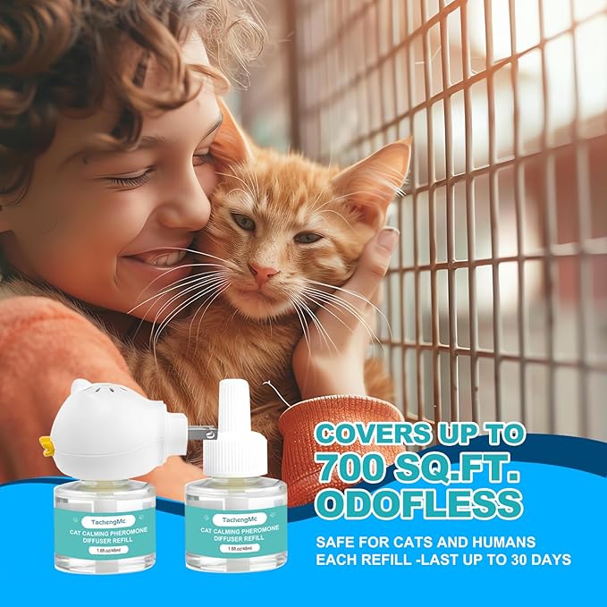 Cat Calming Diffuser, Cat Pheromones Calming Diffuser with 1 Diffuser + 2 Refills 48ml, Cat Anxiety Relief Cat Pheromone Diffuser Kit 60 Days, Pheromone Diffuser to Calm Cats