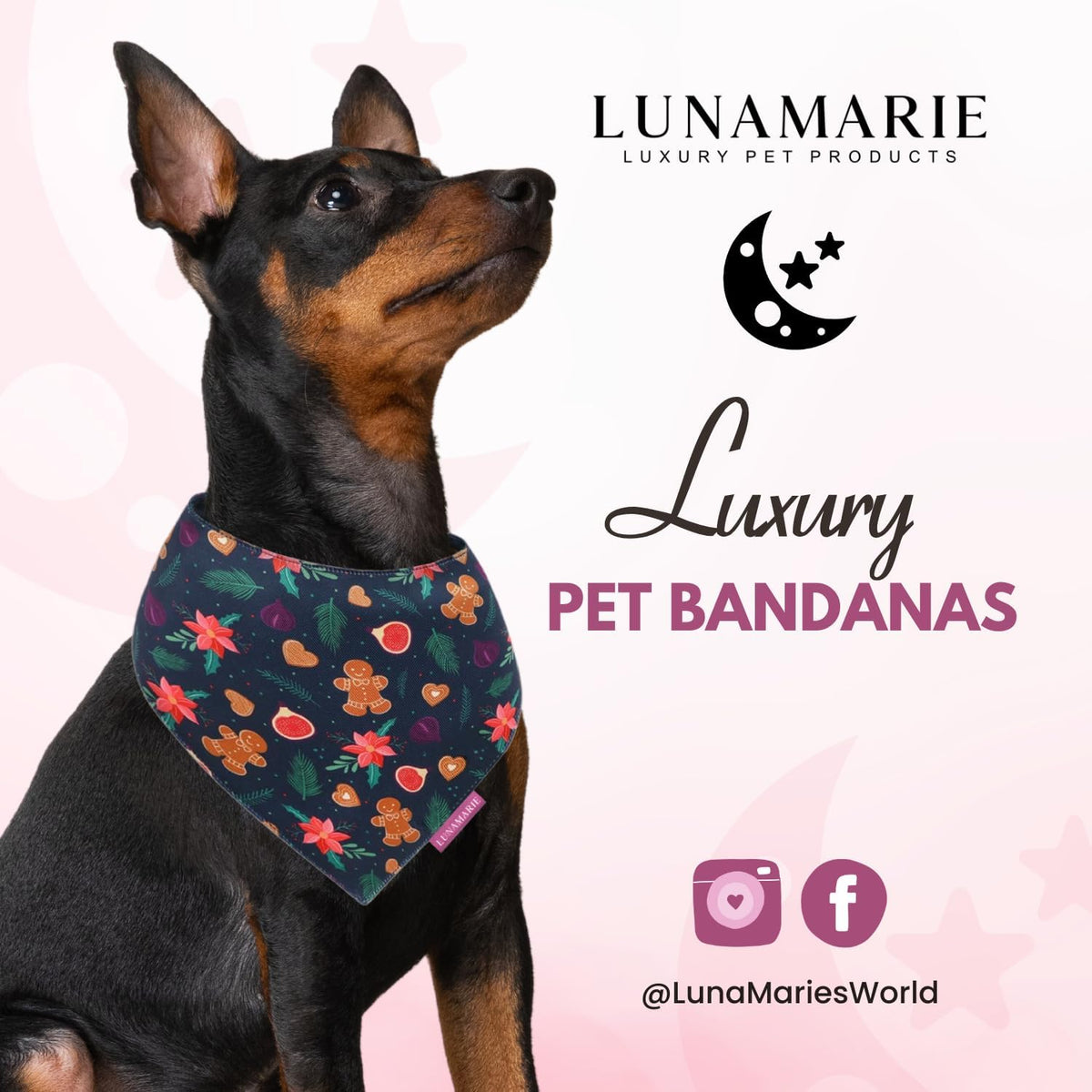 LunaMarie - Luxury Pet Birthday Bandanas -Premium & Silky Poly Fabric | 100% Handmade | Custom Shape Dual Layered (Gingerbread & Figs, Small)
