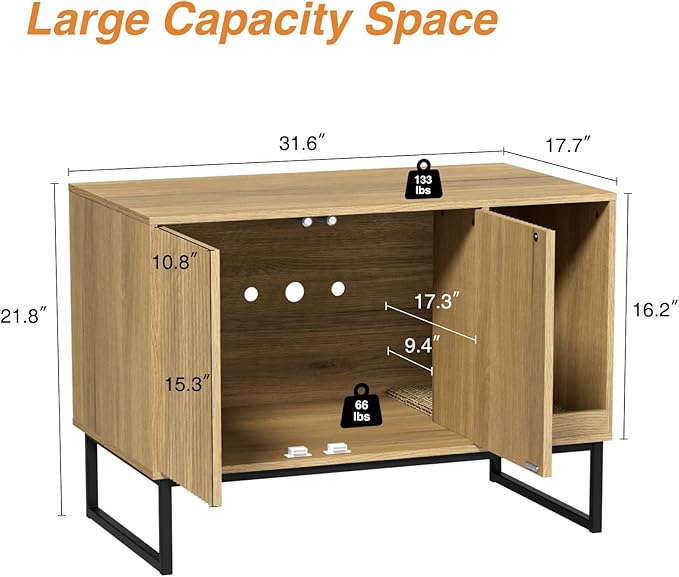 Cat Litter Box Enclosure, Fluted Hidden Litter Box Furniture with Scratch Pad and Metal Legs, Modern Enclosed Cat Cabinet, 31.5 x 17.7 x 21.7 Inches Indoor Pet House for Living Room, Washroom, Natural