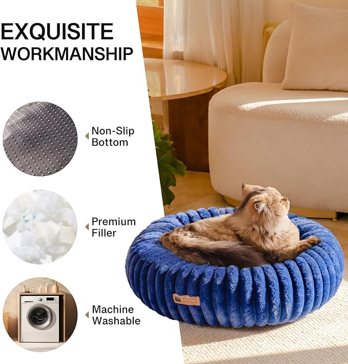 MEWOOFUN Donut Dog Beds for Small Dog, Calming Bed Round Cute Puppy Bed with Non-Slip Bottom, Fluffy Washable Pet Bed for Puppy and Kitten (Navy Blue, M (30x30x8))