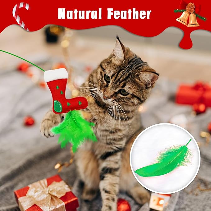 Christmas Cat Toys，4 Pack Cat Wand Toys for Indoor Cats Gifts with Catnip and Feathers, Wand for Cats and Kitten