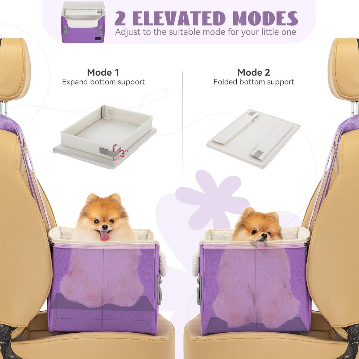 PETSFIT Small Dog Car Seat, Patent Safe Buckles Dog Booster Car Seat, Dogs Carseat with Safety Belt, Suitable for Small Pets Up to 25lbs (Purple)